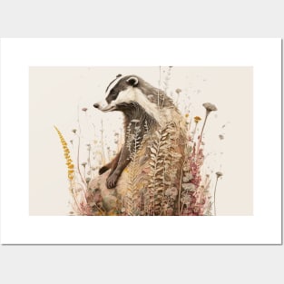 Watercolor Badger in Nature, Floral Design Posters and Art